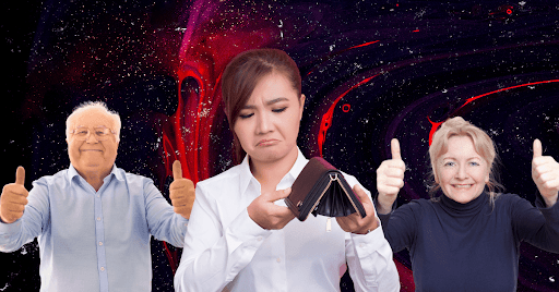 One young woman shows an empty wallet as two seniors give thumbs up behind her.