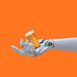 A robot hand offers an orange pill bottle full of white pills.