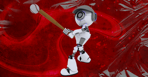 A robot in a baseball cap swinging a bat to hit a baseball. 