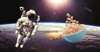 An astronauts floats above Earth next to a bowl of cereal.