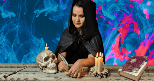 A witch writing on a piece of paper 