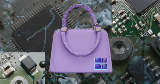 A lavender handbag with computer keyboard keys on the bottom right. In the foreground are computer chips.