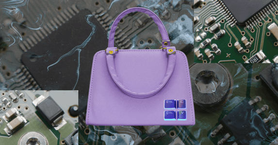 A lavender handbag with computer keyboard keys on the bottom right. In the foreground are computer chips.