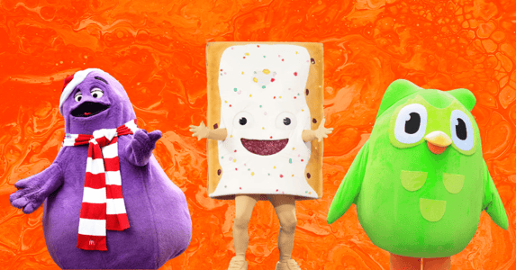 Grimace, a Pop-Tart, and Duolingo’s mascot on an orange background