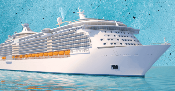 A white cruise ship on a blue background.