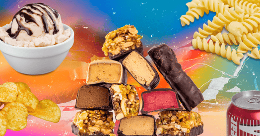 Pasta, chips, ice cream, soda, and protein bars on a multicolor background.