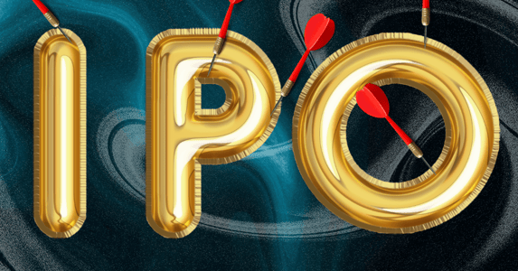 IPO spelled in gold balloon letters being punctured by red darts.
