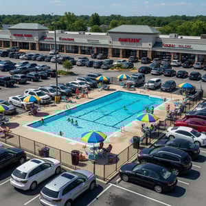 An aerial view of a busy shopping center parking lot with a swimming pool and several people lounging poolside in the foreground.