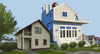 Two houses: modern multi-story with individuals on roof, and traditional single-story. Green trees and clear blue sky in the background.