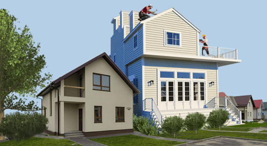 Two houses: modern multi-story with individuals on roof, and traditional single-story. Green trees and clear blue sky in the background.