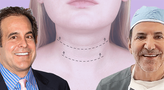 Two men side by side: left in suit and tie, right in medical attire with blue cap; background shows neck graphic with dashed lines and arrows indicating a procedure.