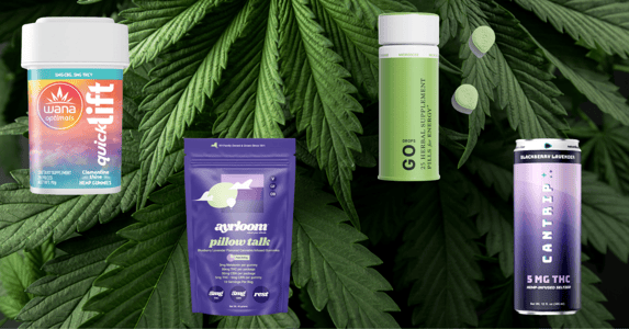 Several edible products against a backdrop of cannabis leaves.