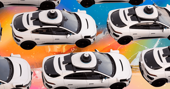 Fleet of Waymo robotaxis on a rainbow background.