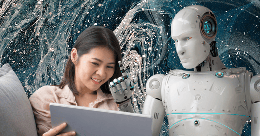 A woman and a robot together