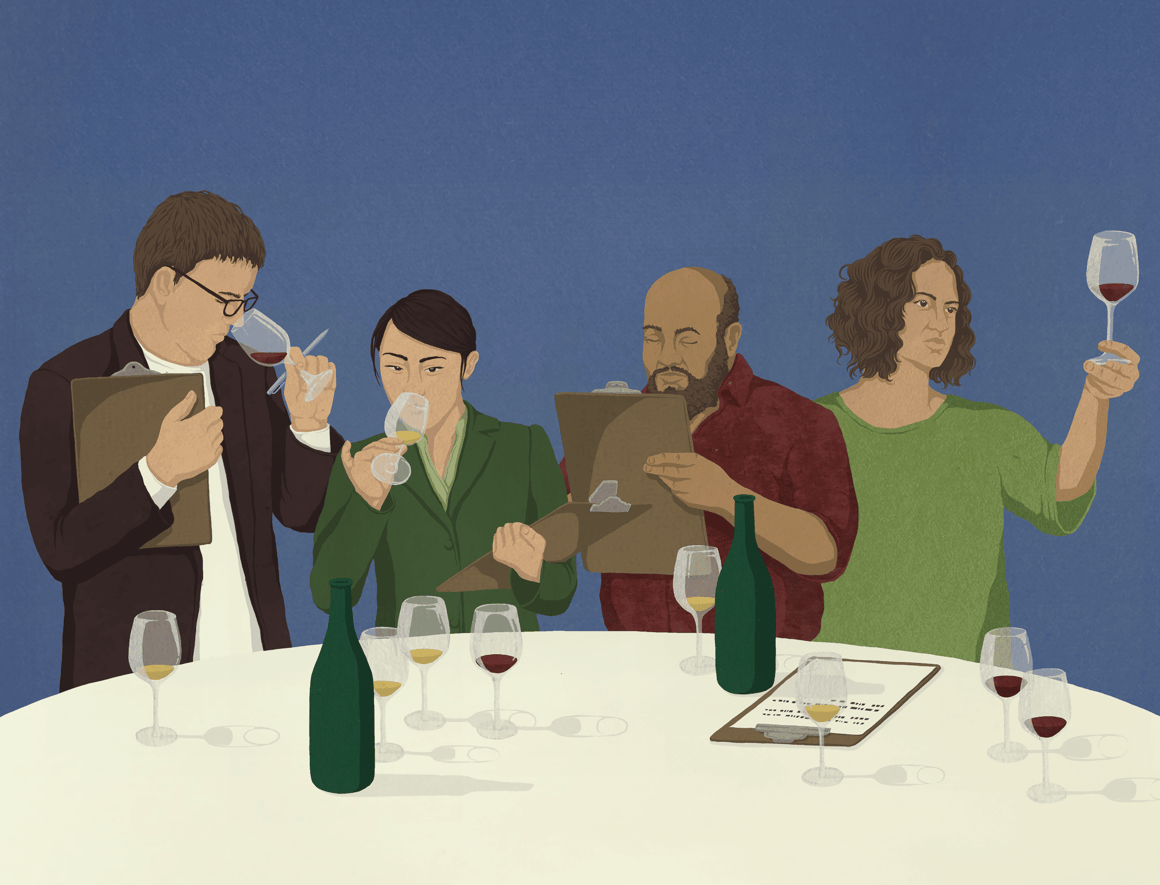 Illustrated scene of four wine judges tasting from glasses at a tasting table