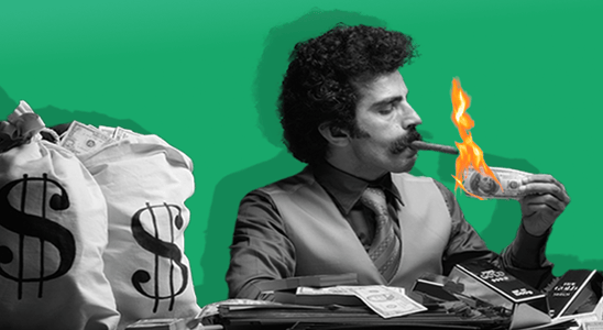 A stylized image with a man in a suit lighting a cigar with a burning dollar bill. Bags of money with dollar signs and gold bars are visible, set against a green and grayscale background.