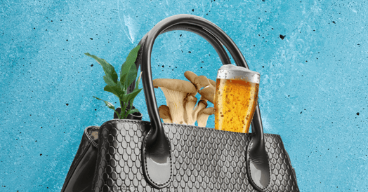 A black leather purse with a plant, mushrooms, and a glass of beer sticking out of it on a blue background.