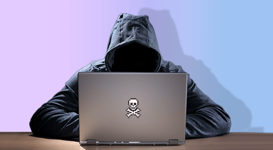 A person in a black hooded sweatshirt sits in front of a laptop with a pixelated skull and crossbones logo on the lid, suggesting a hacker or cyber criminal.