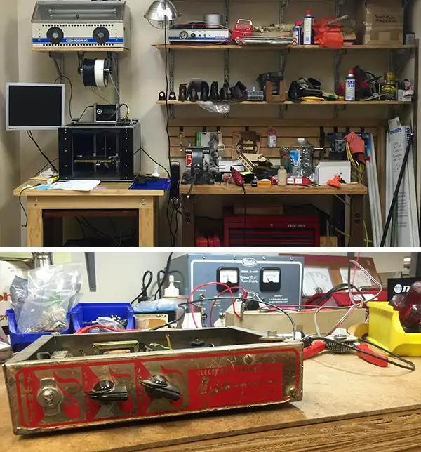 organized shelving and tables of a workshop