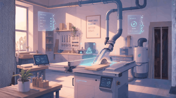 An illustration of a lab. In the center, a saw cuts through a piece of wood. 