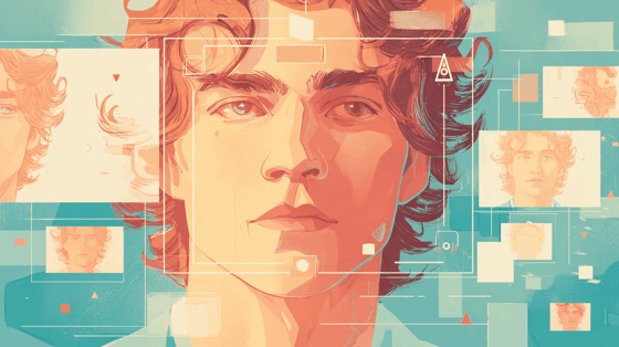 An. illustration of a man's face seen through several screens. 