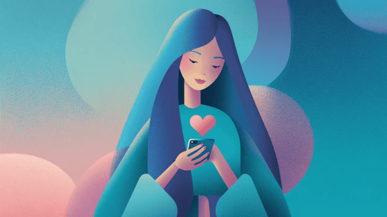 An illustration of a woman looking at her phone as a pink heart emerges from it.