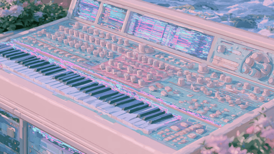 An illustration of an electric piano with several dials and screens above the keys.