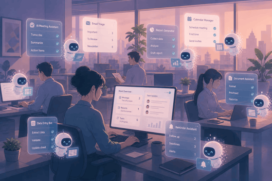 An illustration of several people in an office working on their computers while robots offer dropdown menus of helpful tasks.