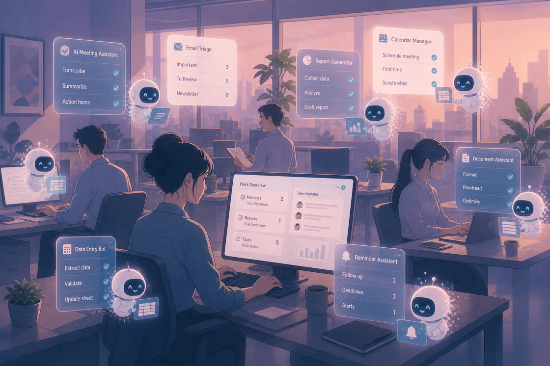 An illustration of several people in an office working on their computers while robots offer dropdown menus of helpful tasks.