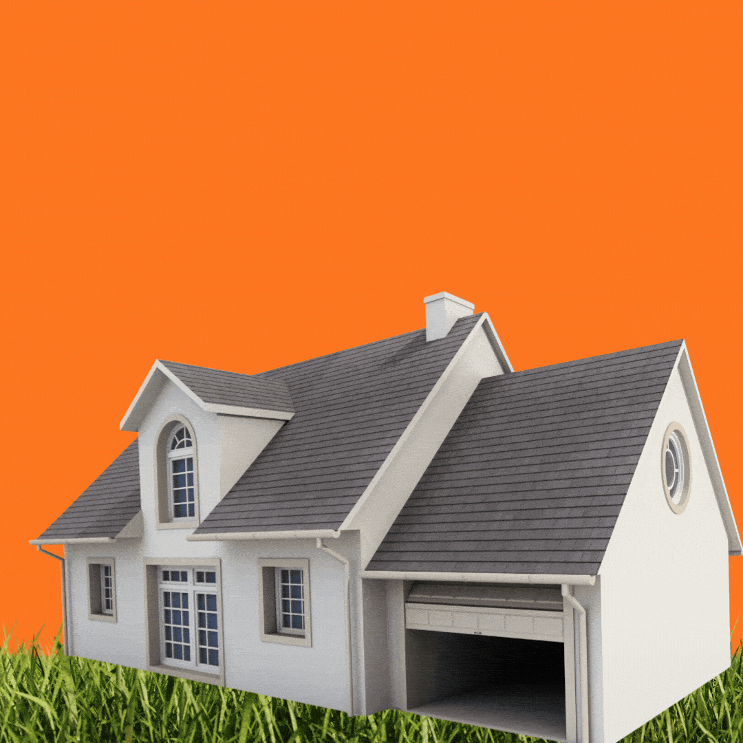 A white modular home is dropped onto a patch of grass. A welcome mat appears in front of the door.