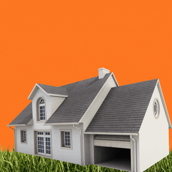 A white modular home is dropped onto a patch of grass. A welcome mat appears in front of the door.