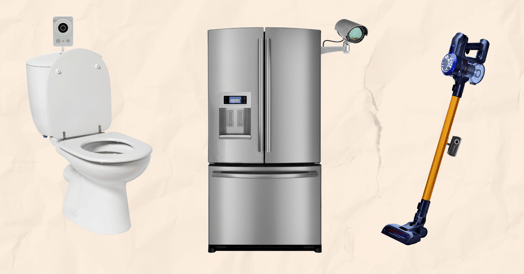 A toilet, fridge, and vacuum with cameras 