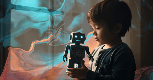 A young child plays with a toy robot.