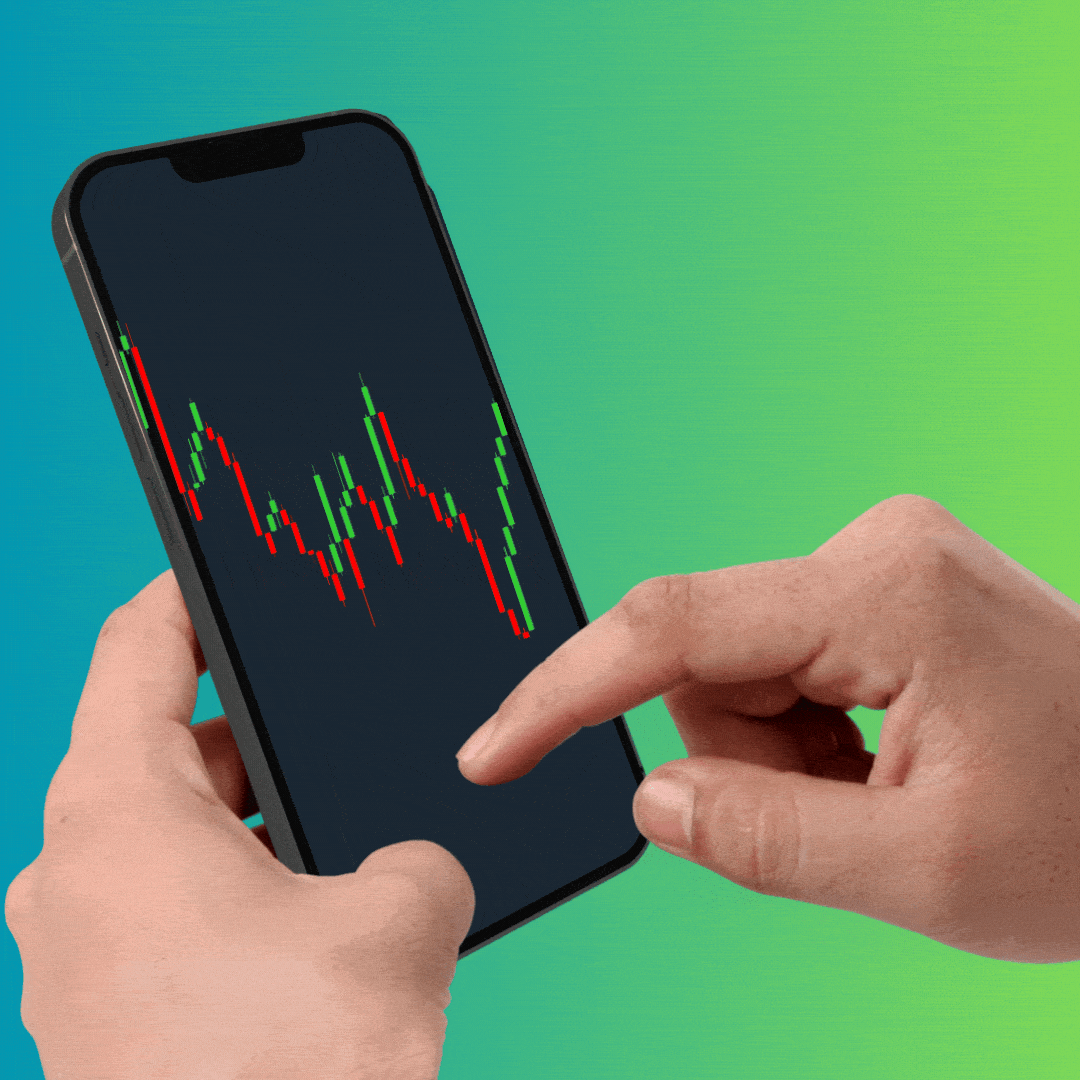 A pair of hands hold a phone. On the screen, there is a text bubble reading, "You up?" Then, a chart of red and green lines appears.