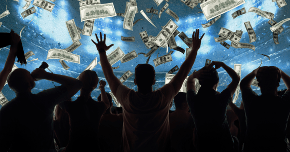 The silhouette of a crowd cheering in a stadium with dollar bills dropping from the sky.