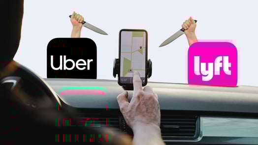 A driver touches a map on their phone. Uber and Lyft app icons are shown on the dashboard with knife-wielding hands coming out of them.