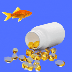 A fish swimming over omega-3 capsules 