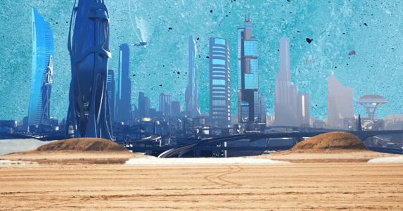 A futuristic city in the backdrop of a desert.