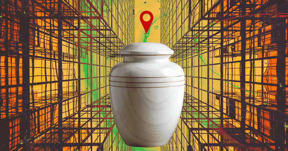 A white urn with a red location pin hovering over it.