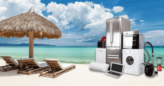 A beach vacation scene with appliances scattered about.