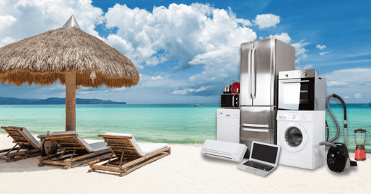 A beach vacation scene with appliances scattered about.