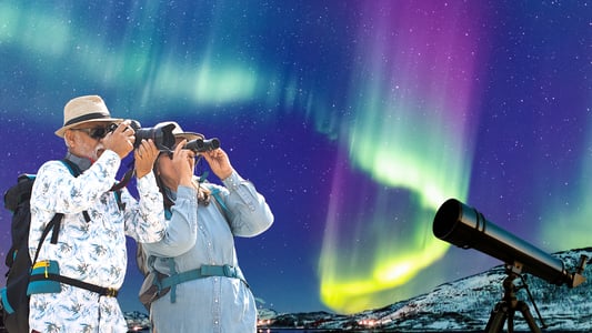 A man and a woman use binoculars in front of the northern lights. 