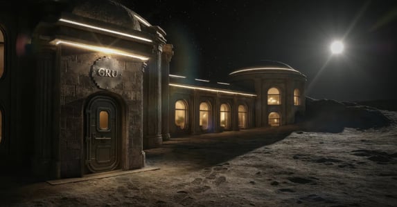 A rendering of a stone building on the moon. 