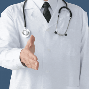A hand reaching out with a medical file to a doctor