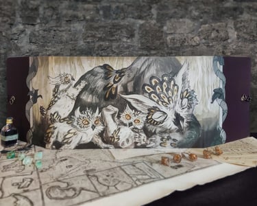 A watercolor painting of several owls on a dungeon master screen, sitting on a table with a fantasy map and several dice. 