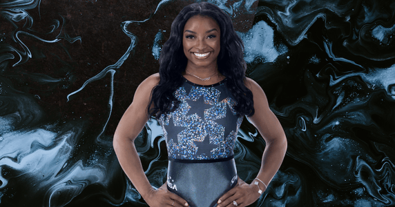 Simone Biles models a GK Elite gymnastics leotard.