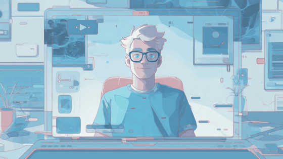 An illustration of a laptop computer, its screen depicting a young man seated for a video call.