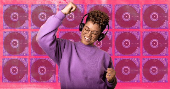 A woman wearing headphones against a background collage of MiniDiscs.