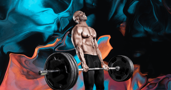 A shirtless man lifting weights against a blue and peach background.