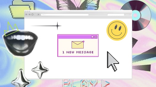 An internet browser with a pop-up message reading '1 new message' surrounded by icons including a smiley face and a butterfly. 